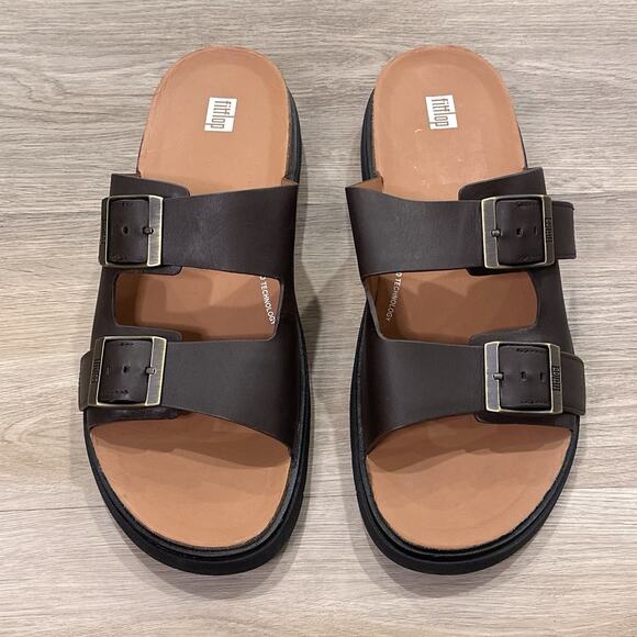 FitFlop NEW GEN-FF Men’s 12 Buckle Two-Bar Brown Leather Slides Sandals main image 11